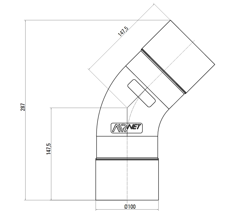 Схема колена. Угловое соединение 45° AIRnet.Алюминиевая труба. Диаметр 100.