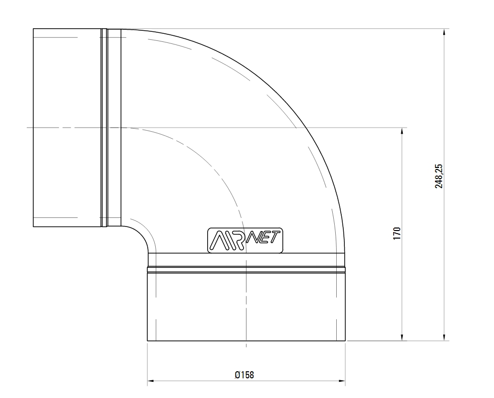 Схема колена. Угловое соединение 90° AIRnet.Алюминиевая труба. Диаметр 158. Схема колена. Угловое соединение 90° AIRnet.Алюминиевая труба. Диаметр 158.