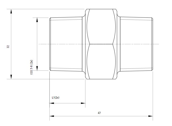 Схема шестигранного штуцера с наружной резьбой ISO 7-R AIRnet (для систем трубопровода сжатого воздуха). Диаметр резьбы 20 мм.