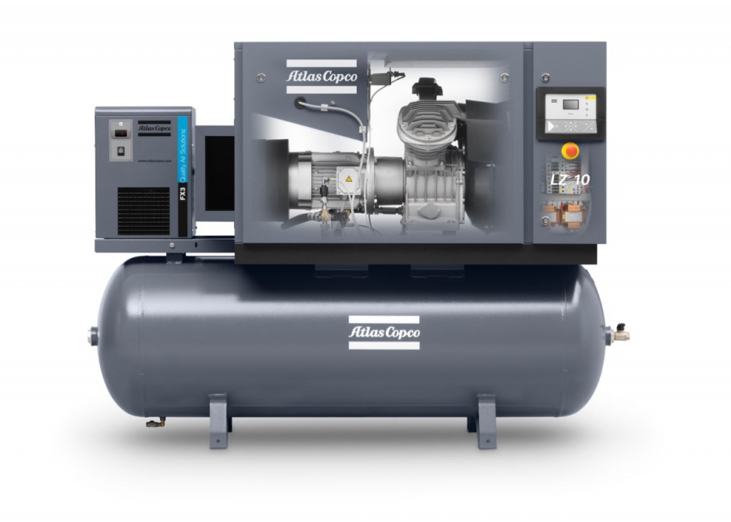 Поршневой, безмасляный компрессор Atlas Copco LZ10 FF со встроенным рефрижераторным осушителем Atlas Copco FX3. Исполнение: на ресивере 500 литров.