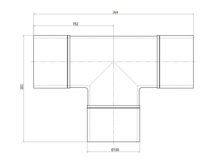 Схема равнопроходного тройника AIRnet (для систем трубопровода сжатого воздуха). Диаметр 100 мм.