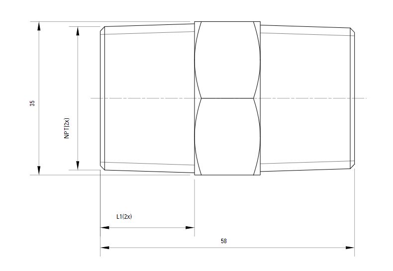 Схема шестигранного штуцера с наружной резьбой NPT AIRnet (для систем трубопровода сжатого воздуха). Диаметр резьбы 25 мм. Схема шестигранного штуцера с наружной резьбой NPT AIRnet (для систем трубопровода сжатого воздуха). Диаметр резьбы 25 мм.