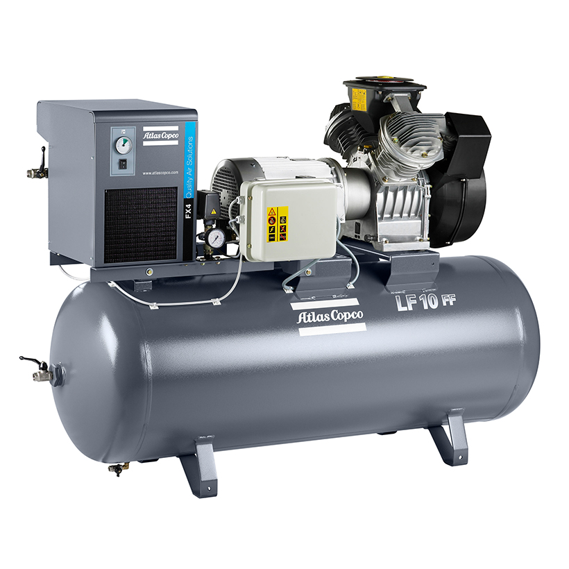 Поршневой, маслозаполненный компрессор Atlas Copco LE 10 бар со встроенным рефрижераторным осушителем Атлас Копко FX 4. Исполнение: на ресивере 500 л.