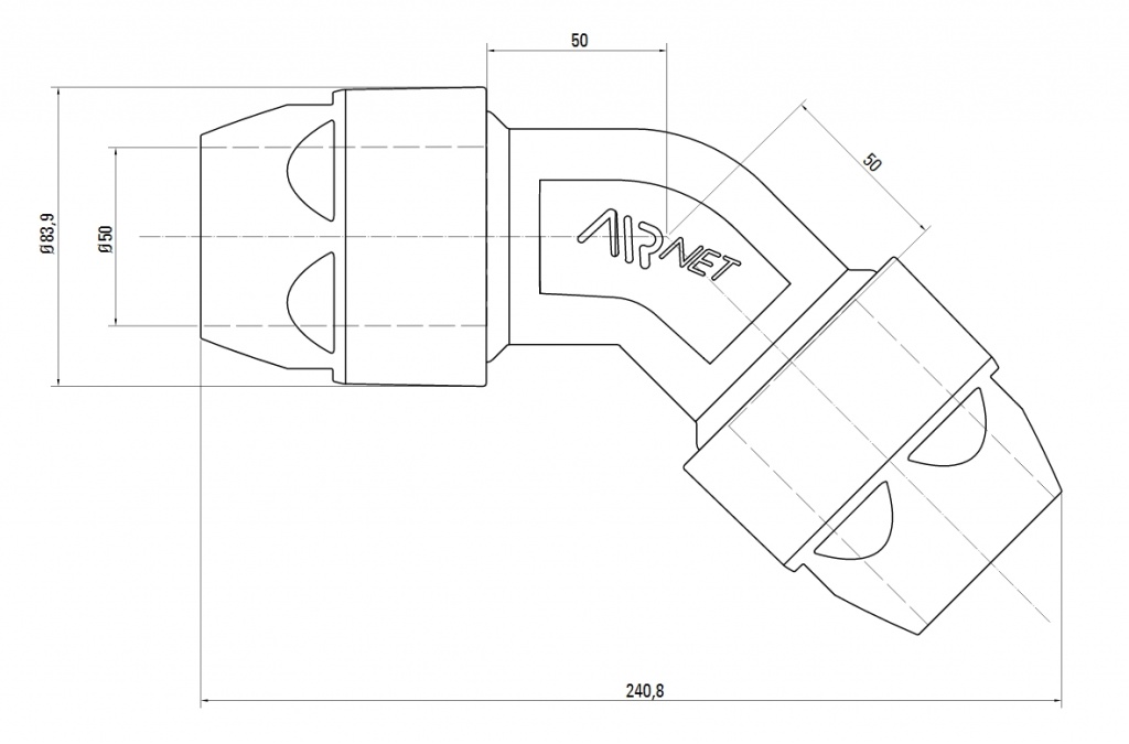 Схема колена. Угловое соединение 45° AIRnet.Алюминиевая труба. Диаметр 50. Схема колена. Угловое соединение 45° AIRnet.Алюминиевая труба. Диаметр 50.