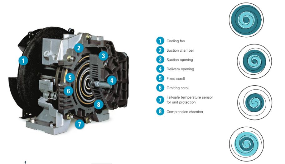 Спиральный механизм сжатия воздуха в разрезе. Спиральный механизм сжатия воздуха в разрезе.