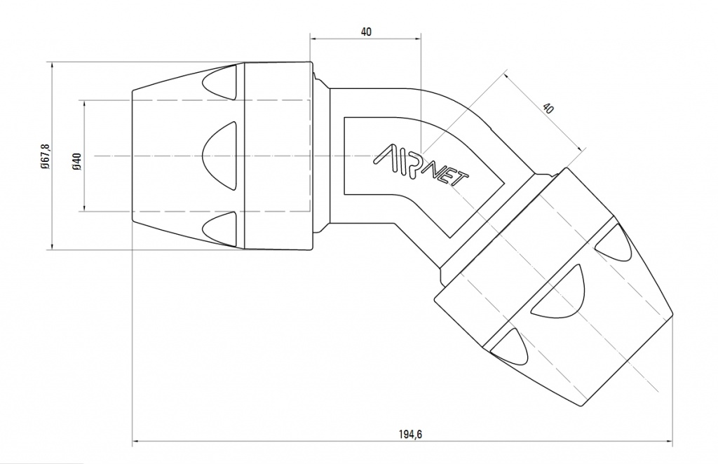 Схема колена. Угловое соединение 45° AIRnet.Алюминиевая труба. Диаметр 40. Схема колена. Угловое соединение 45° AIRnet.Алюминиевая труба. Диаметр 40.