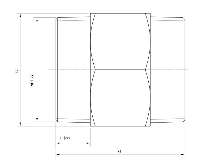 Схема шестигранного штуцера с наружной резьбой NPT AIRnet (для систем трубопровода сжатого воздуха). Диаметр резьбы 50 мм.