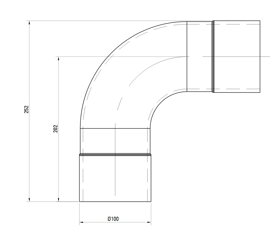 Схема колена. Угловое соединение 90° AIRnet.Алюминиевая труба. Диаметр 100.