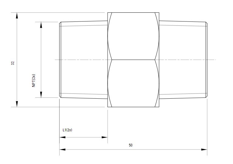Схема шестигранного штуцера с наружной резьбой NPT AIRnet (для систем трубопровода сжатого воздуха). Диаметр резьбы 20 мм.