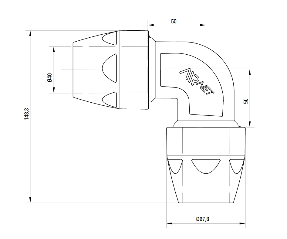Схема колена. Угловое соединение 90° AIRnet.Алюминиевая труба. Диаметр 40. Схема колена. Угловое соединение 90° AIRnet.Алюминиевая труба. Диаметр 40.