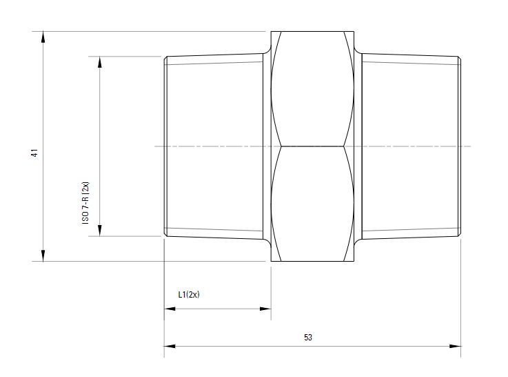 Схема шестигранного штуцера с наружной резьбой ISO 7-R AIRnet (для систем трубопровода сжатого воздуха). Диаметр резьбы 25 мм.