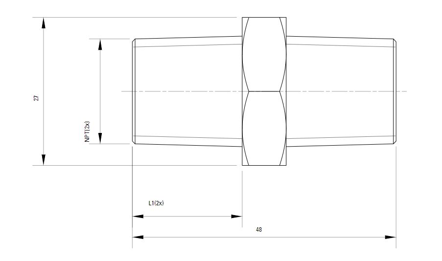 Схема шестигранного штуцера с наружной резьбой NPT AIRnet (для систем трубопровода сжатого воздуха). Диаметр резьбы 12,5 мм.