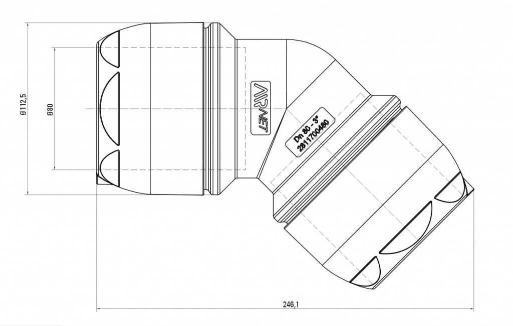 Схема колена. Угловое соединение 45° AIRnet.Алюминиевая труба. Диаметр 45.