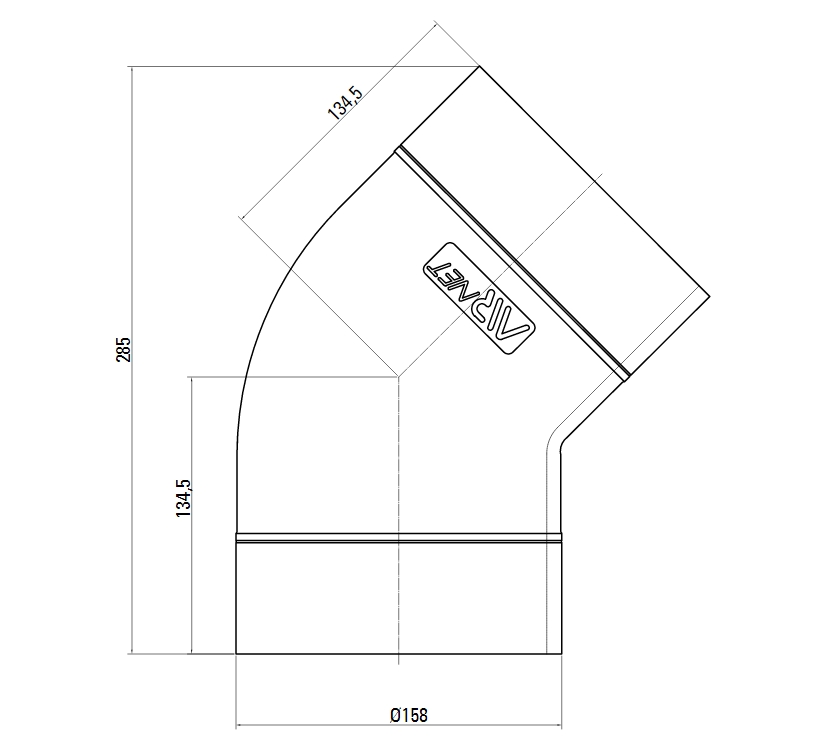 Схема колена. Угловое соединение 45° AIRnet.Алюминиевая труба. Диаметр 158. Схема колена. Угловое соединение 45° AIRnet.Алюминиевая труба. Диаметр 158.