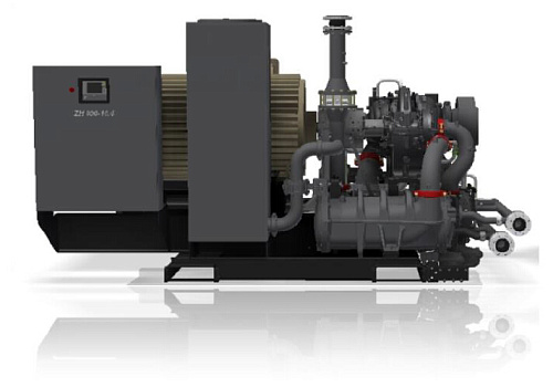 Турбокомпрессор Atlas Copco ZH450+ 8. Безмасляный, трехступенчатый, воздушный, турбокомпрессор Atlas Copco ZH450+ 8 с предустановленным коллектором охлаждающей воды, встроенным продувочным клапаном с глушителем.