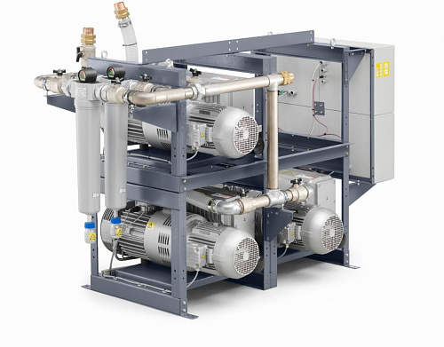 Медицинская вакуумная установка mVAC-4950-Q. состоящая из двух вакуумных независимо работающих насосов роторно-лопастного типа с воздушным охлаждением.