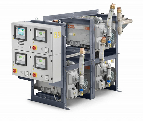 Медицинская вакуумная установка mVAC-4950-Q. состоящая из двух вакуумных независимо работающих насосов роторно-лопастного типа с воздушным охлаждением.