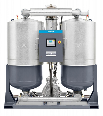 Atlas Copco BD 1100+. Адсорбционный осушитель воздуха Atlas Copco с горячей регенерацией серии BD 1100+ с точкой росы под давлением -40 °C и охлаждением с нулевыми потерями на продувку.