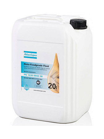 Roto Synthetic Fluid FOODGRADE. Компрессорное синтетическое масло для пищевой, фармацевтической и упаковочной промышленностей, используется в компрессорах Atlas Copco GA, GX, GR, G. Артикул: 1630054200. Диапазон температуры окружающей среды от 0 до +35 °C.
